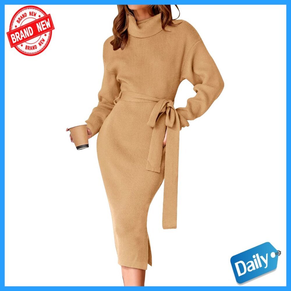 Long Sleeve Turtleneck Sweater Dress Midi Bodycon Ribbed Knit Belted - Picture 1 of 7